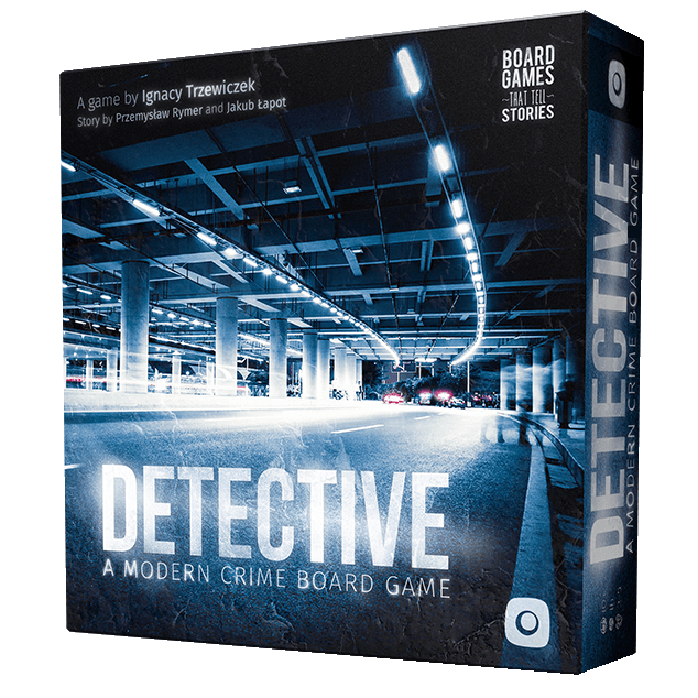 The image displays the box of Detective: A Modern Crime Game by Portal Games, featuring a nighttime photo of an empty, lit urban parking garage and the title in bold white letters.