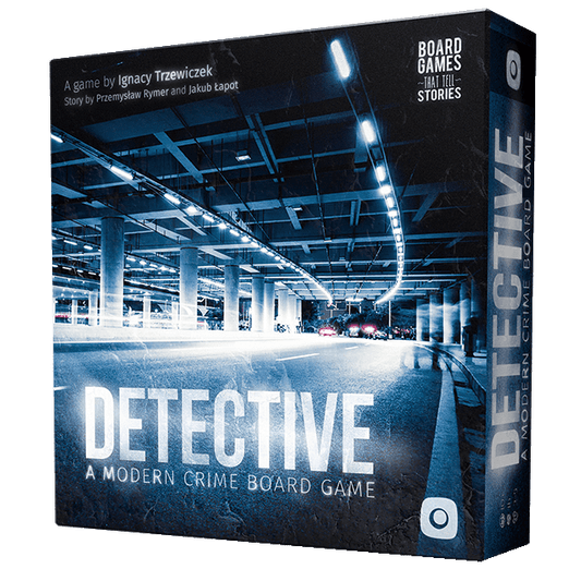 The image displays the box of Detective: A Modern Crime Game by Portal Games, featuring a nighttime photo of an empty, lit urban parking garage and the title in bold white letters.
