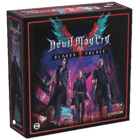 The Devil May Cry: The Bloody Palace board game box by Steamforged Games shows three armed characters poised for battle in a dark, neon-lit cityscape, with the title and Capcom logo displayed on the front.