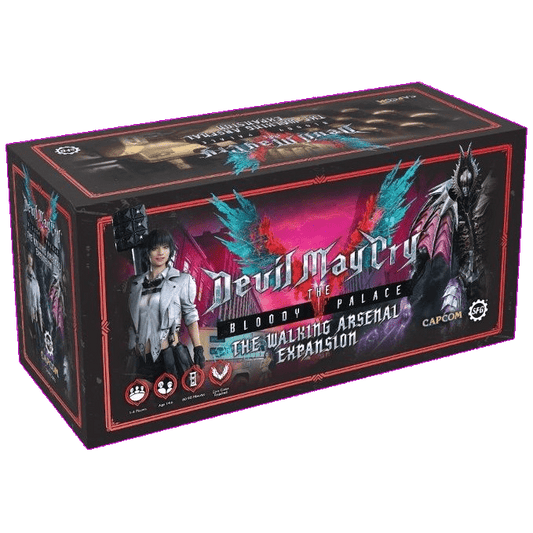 A rectangular box for Steamforged Games’ Devil May Cry: The Bloody Palace The Walking Arsenal Expansion, featuring vibrant Devil Hunter artwork with red and blue accents, plus Capcom and Steamforged Games logos.