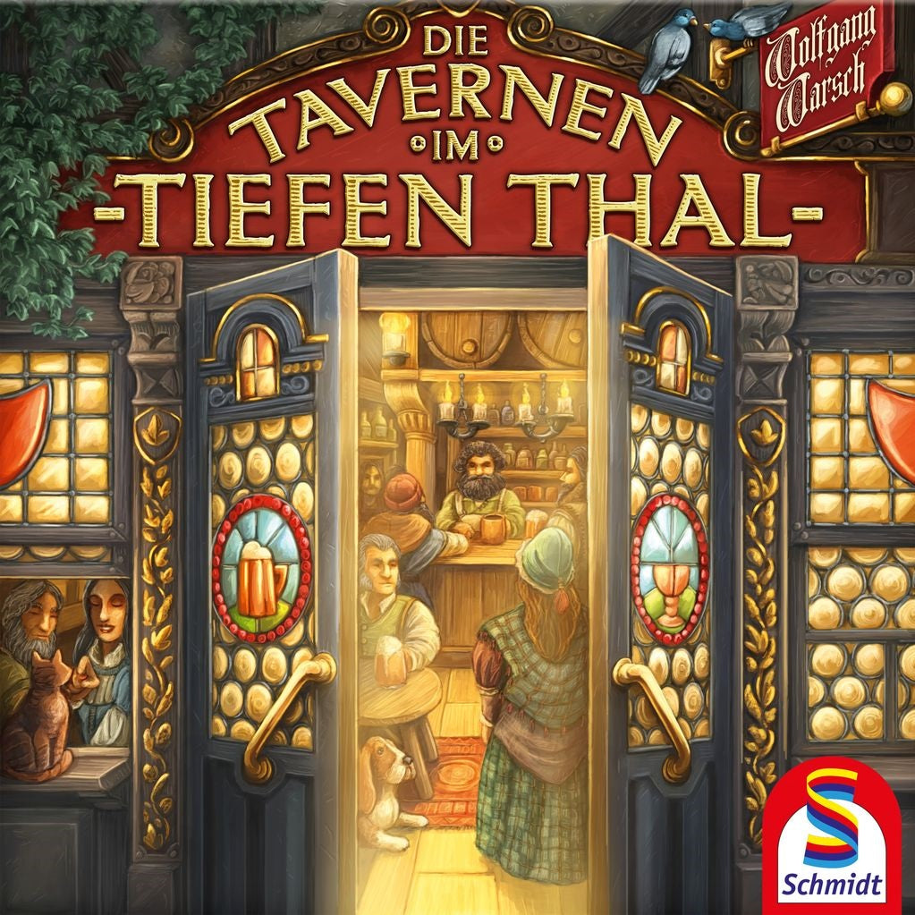 An illustrated tavern entrance with ornate doors open reveals people at a bar. Cozy, warm light evokes Brettspiel’s atmosphere. A German sign reads "Die Tavernen im Tiefen Thal," featuring the Schmidt Spiele logo.