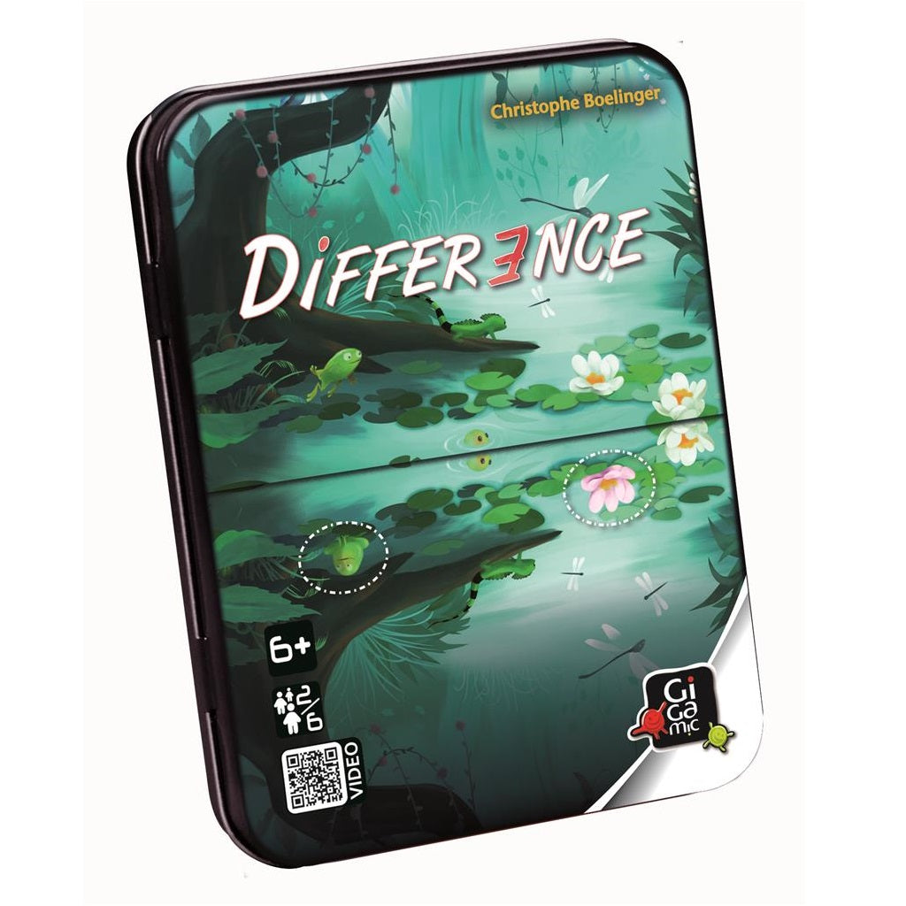 The Gigamic Difference game comes in a green metal box with a pond, lily pads, and turtles design. The box highlights the number 7 in red. This spot-the-differences game is for ages 6 and up.