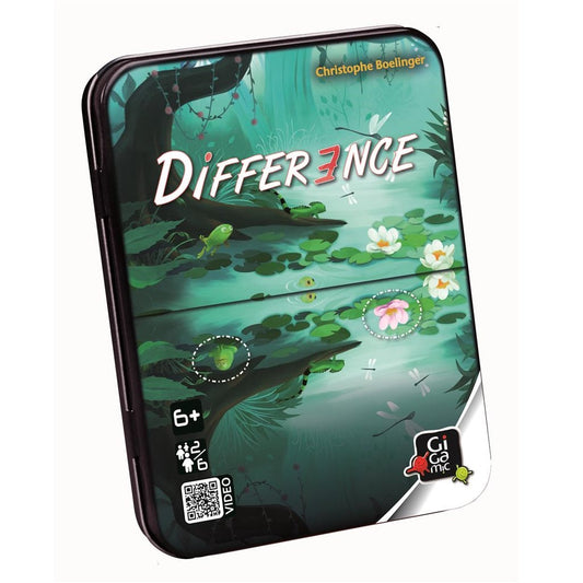 The Gigamic Difference game comes in a green metal box with a pond, lily pads, and turtles design. The box highlights the number 7 in red. This spot-the-differences game is for ages 6 and up.