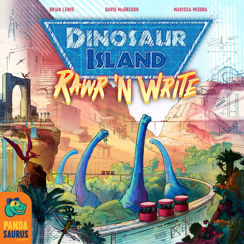 A vibrant illustrated cover for Dinosaur Island: Rawr 'n Write by Pandasaurus Games features blue sauropod dinosaurs, a roller coaster, futuristic buildings, lush greenery, and the Pandasaurus Games logo in the lower left corner.