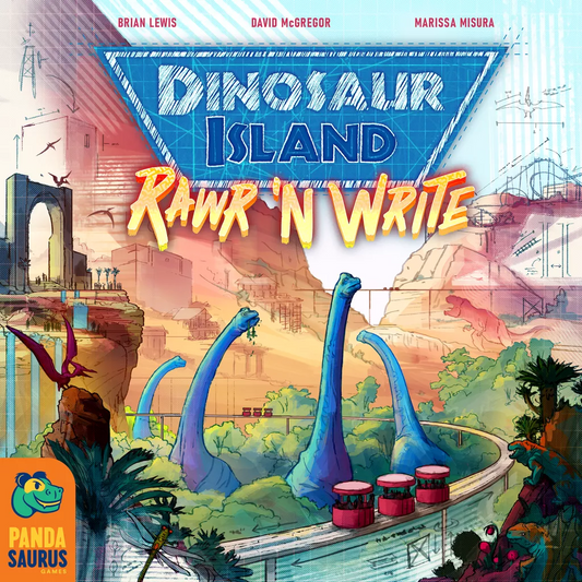 A vibrant illustrated cover for Dinosaur Island: Rawr 'n Write by Pandasaurus Games features blue sauropod dinosaurs, a roller coaster, futuristic buildings, lush greenery, and the Pandasaurus Games logo in the lower left corner.
