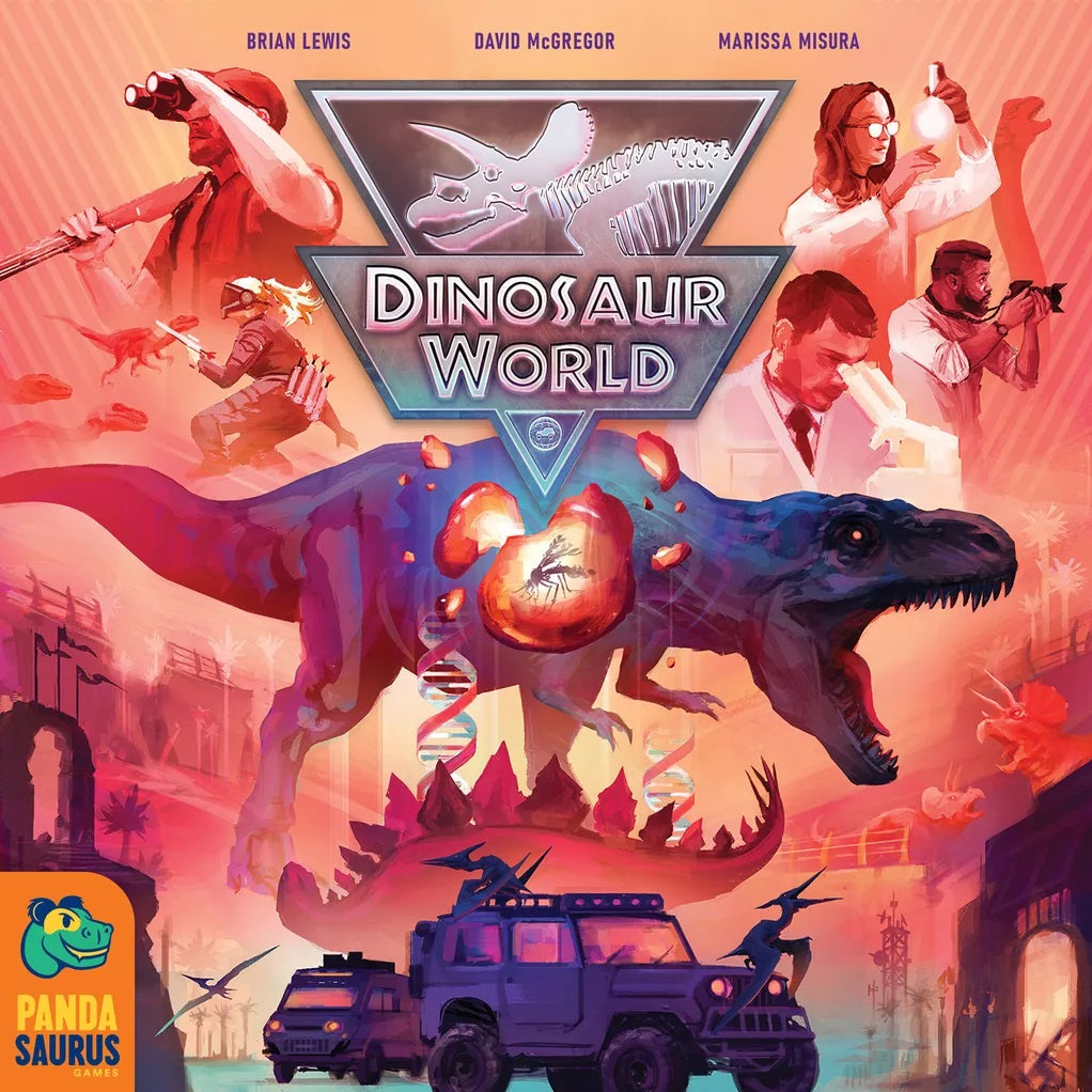 Colorful illustration of Dinosaur World by Pandasaurus Games features a T-Rex, scientists, vehicles, and a dinosaur fossil logo. The title "Dinosaur World" appears above and the Pandasaurus Games logo is in the bottom left. Build your own dinosaur park!.