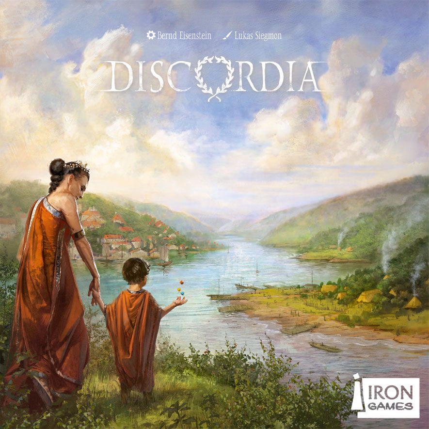 A woman and child in ancient Roman attire overlook a river valley with a town and fields, reflecting the theme of Discordia by Iron Games—a Roman city-building board game. The title and Iron Games logo are also shown.