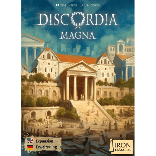 Box cover for the Discordia: Magna Expansion by Iron Games displays an ancient city with grand buildings, a central temple, people in togas, game title, and publisher logos—ideal for fans of city-building strategy games.