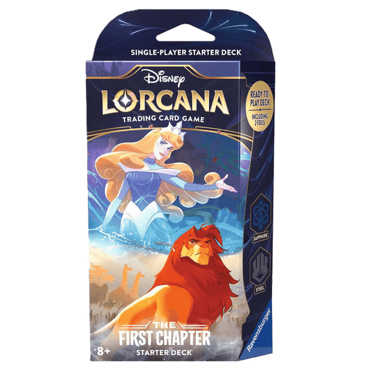 Discover the Disney Lorcana: The First Chapter Aurora & Simba Starter Deck by Ravensburger, a trading card game set for ages 8+ featuring Aurora and Simba on the cover.