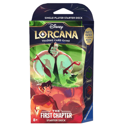 The Disney Lorcana: The First Chapter Cruella & Aladdin Starter Deck by Ravensburger features both characters on a vibrant package for the trading card game.