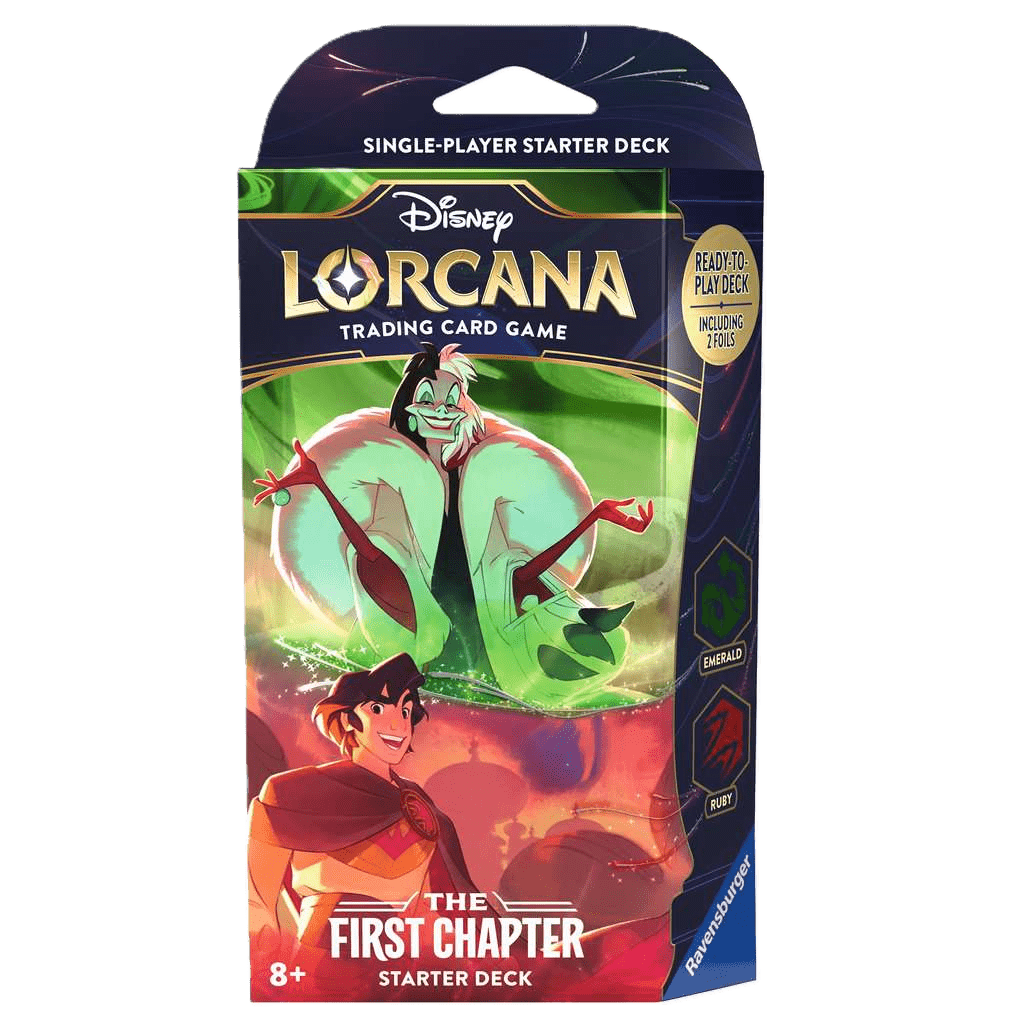 The image shows a Ravensburger Disney Lorcana: The First Chapter Starter Decks Bundle, featuring packaging for ages 8+, with popular characters displayed.