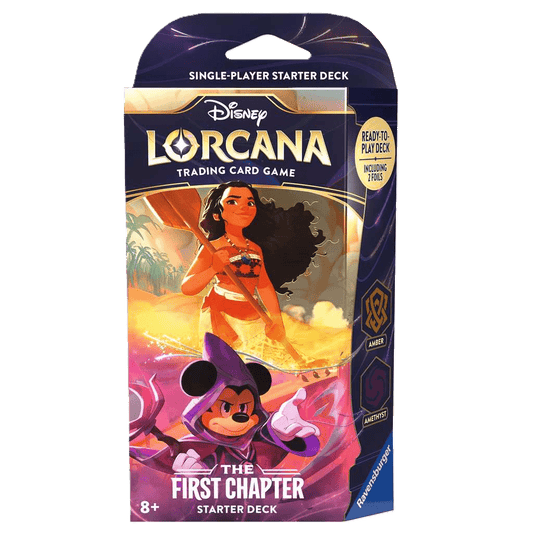 The Ravensburger Disney Lorcana: The First Chapter Moana & Mickey Mouse Starter Deck is a trading card game for ages 8+, featuring Moana and Mickey on vibrant purple and gold packaging.