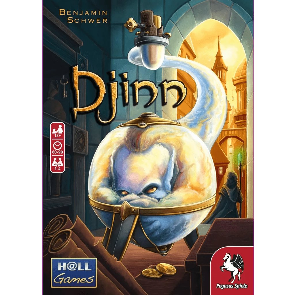 Cover art for Pegasus Spiele's board game Djinn shows a menacing blue djinn rising from a brass bottle, with fantasy buildings and hints of the Magic Guild in the background. Game details and Pegasus Spiele logos are displayed on the cover.