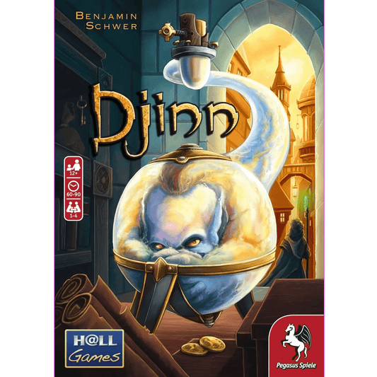 Cover art for Pegasus Spiele's board game Djinn shows a menacing blue djinn rising from a brass bottle, with fantasy buildings and hints of the Magic Guild in the background. Game details and Pegasus Spiele logos are displayed on the cover.