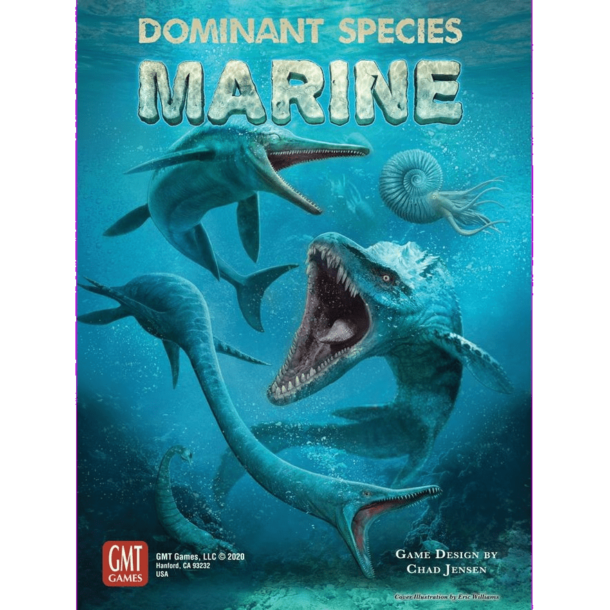 Cover art for Dominant Species: Marine by GMT Games displays three prehistoric marine reptiles in an ocean, one mouth open, plus a coiled ammonite shell in the background. The game logo and credits appear on the cover.