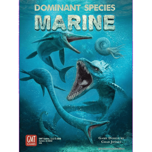 Cover art for Dominant Species: Marine by GMT Games displays three prehistoric marine reptiles in an ocean, one mouth open, plus a coiled ammonite shell in the background. The game logo and credits appear on the cover.