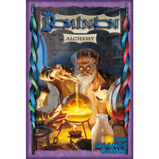 The cover art for Dominion: Alchemy Expansion by Rio Grande Games depicts an elderly alchemist with glasses and a glowing beard mixing a potion in a lab, surrounded by glass flasks. The Rio Grande Games logo appears at the bottom right.