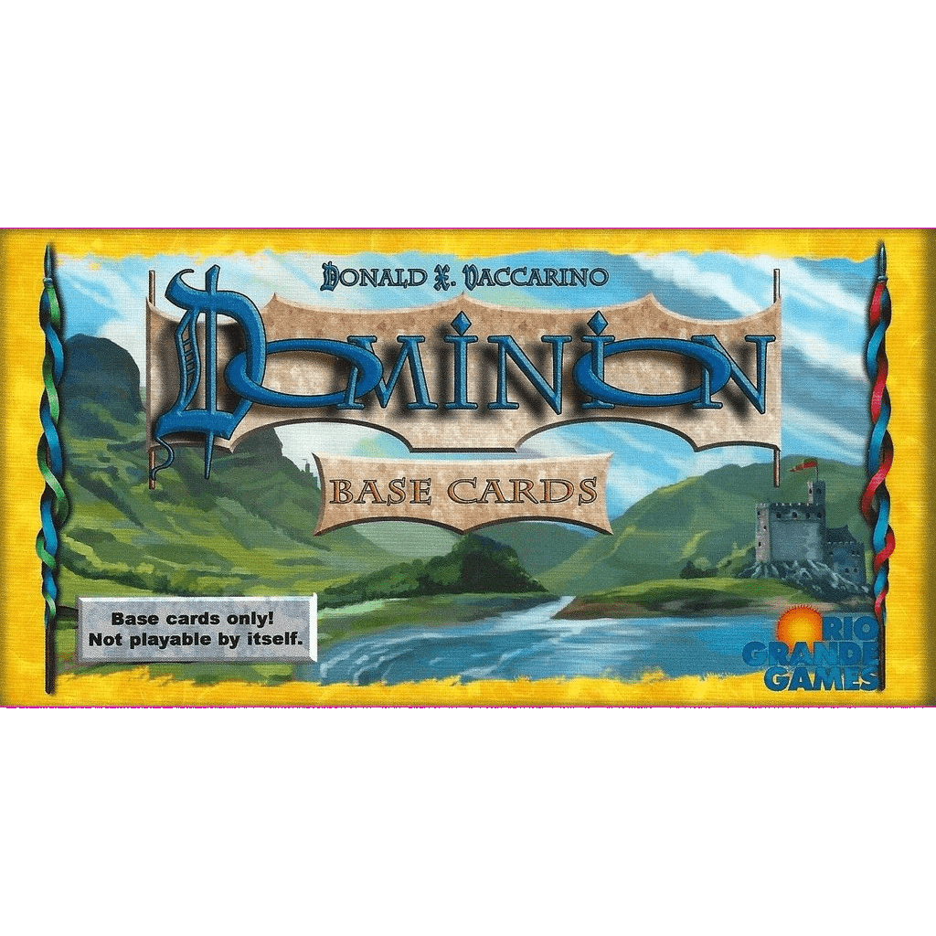 Dominion: Base Cards by Rio Grande Games features a box with a castle, mountains, river, and landscape. Includes replacement basic cards for Dominion expansions; not playable alone. The Rio Grande Games logo appears on the cover.