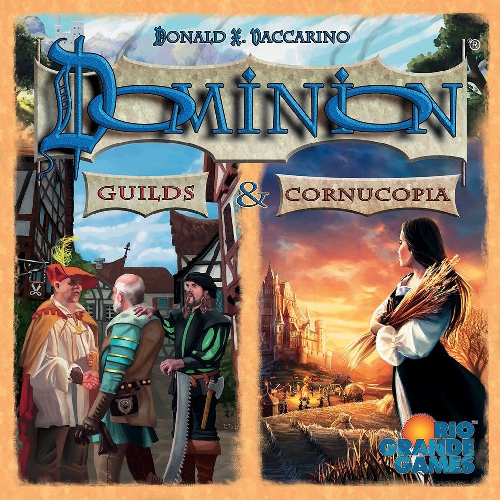 The Dominion: Guilds & Cornucopia Expansion box by Rio Grande Games features medieval villagers on the left, a woman in a sunset field on the right, the title, publisher logos, and Kingdom cards from both expansions.