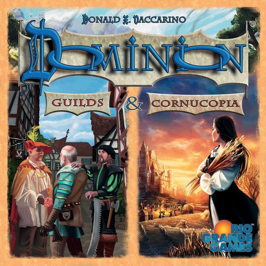 The Dominion: Guilds & Cornucopia Expansion box by Rio Grande Games features medieval villagers on the left, a woman in a sunset field on the right, the title, publisher logos, and Kingdom cards from both expansions.