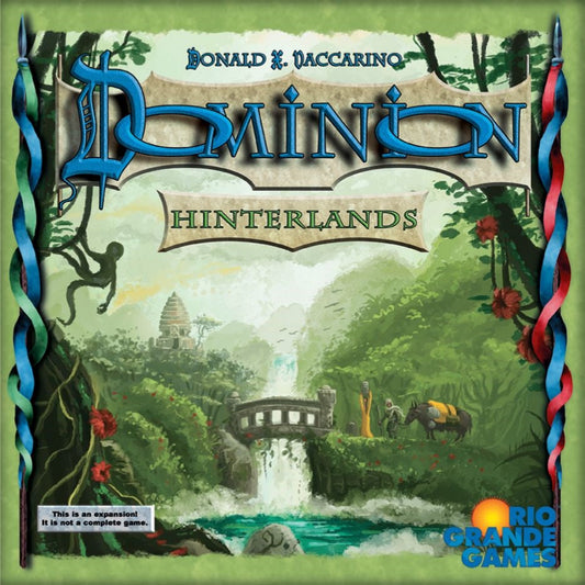 The Dominion: Hinterlands Expansion by Rio Grande Games features a box cover with a lush landscape, river, stone bridge, and distant temple. Colorful birds and vines frame the art, capturing the adventure of new Kingdom cards.