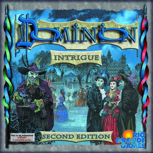 Dominion: Intrigue Expansion Second Edition by Rio Grande Games features masked figures in elaborate costumes at a nighttime masquerade, reflecting new Kingdom card types in this expansion.