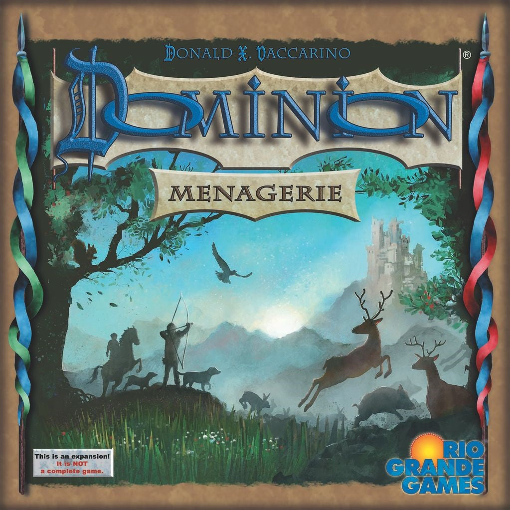 The cover of Dominion: Menagerie Expansion by Rio Grande Games features animal silhouettes, people with spears, a medieval landscape with a distant castle, colorful borders, and the Rio Grande Games logo in the bottom right.