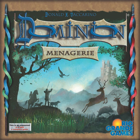 The cover of Dominion: Menagerie Expansion by Rio Grande Games features animal silhouettes, people with spears, a medieval landscape with a distant castle, colorful borders, and the Rio Grande Games logo in the bottom right.