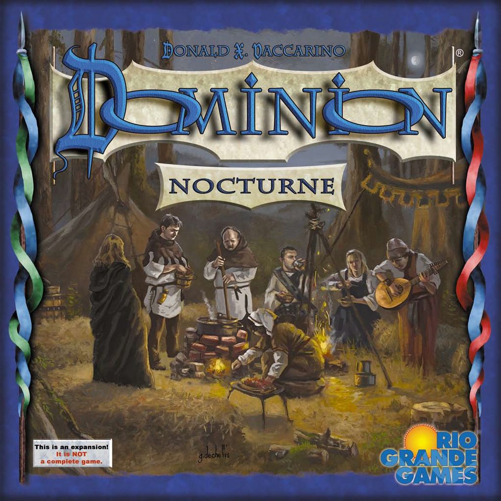 The box cover of Dominion: Nocturne Expansion by Rio Grande Games shows medieval figures gathered at a nighttime campfire with tents and trees, with the expansion's title above and the Rio Grande Games logo in the corner.