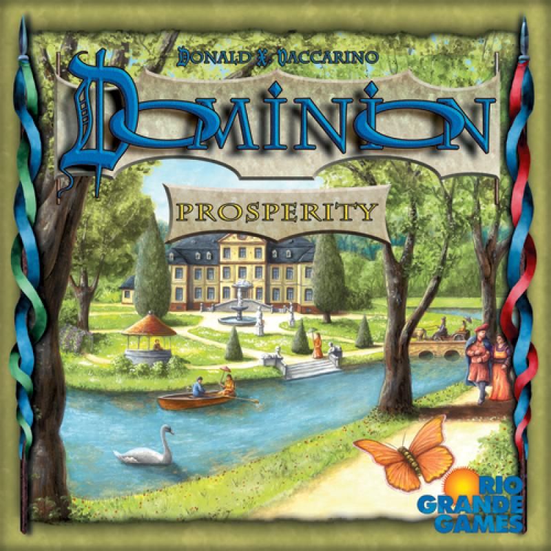 The Dominion: Prosperity Expansion cover by Rio Grande Games features a grand estate with a fountain, lush gardens, and people by a river. The ornate title and Rio Grande Games logo highlight this impressive Dominion expansion.