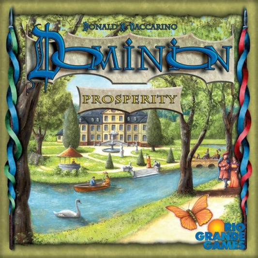 The Dominion: Prosperity Expansion cover by Rio Grande Games features a grand estate with a fountain, lush gardens, and people by a river. The ornate title and Rio Grande Games logo highlight this impressive Dominion expansion.