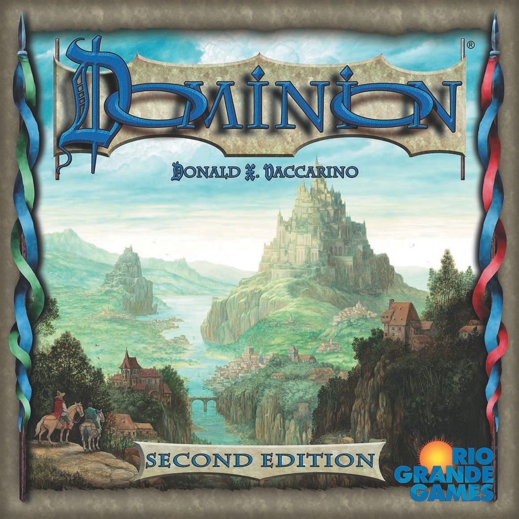 Cover art for Dominion Second Edition, a deck-building game from Rio Grande Games, shows a medieval landscape with a grand castle on a hill and travelers on a path.
