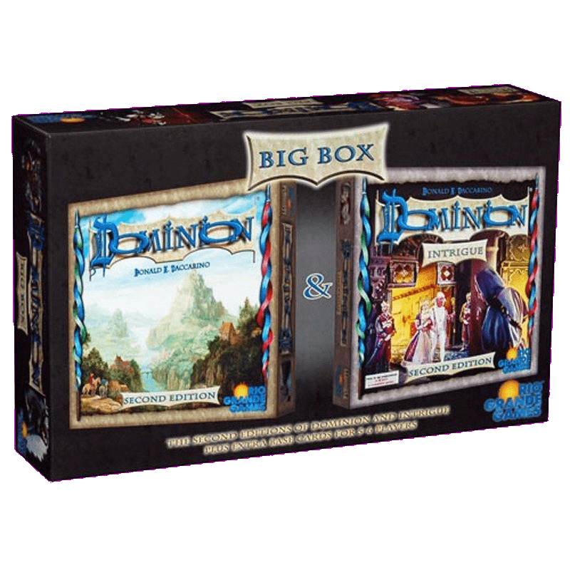 Dominion Big Box (Second Edition) by Rio Grande Games features vibrant fantasy artwork on covers for Dominion Second Edition and Dominion: Intrigue, all in one deck-building game box set.