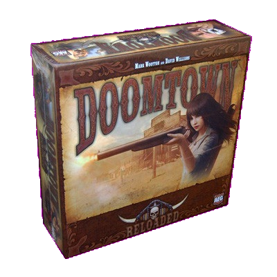 Doomtown Reloaded by Alderac Entertainment Group is an expandable card game boxed set with western-themed art showing a woman aiming a shotgun before an old town backdrop.
