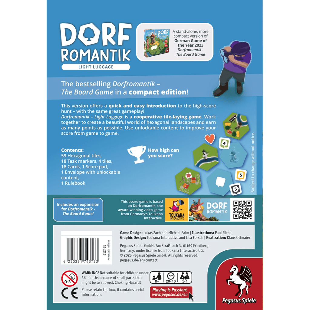 The back cover of Dorfromantik: Light Luggage by Pegasus Spiele features a concise game description, contents list, logos, setup image of this cooperative tile-laying game, and award badges on a blue background with text in English and German.