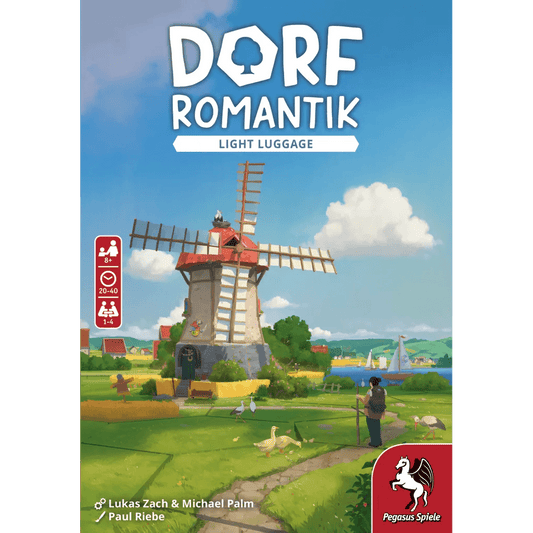 The cover of Dorfromantik: Light Luggage by Pegasus Spiele features a vibrant windmill, green fields, farm animals, and a river, highlighting this compact cooperative tile-laying game. The Pegasus Spiele logo appears at the bottom right corner.