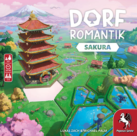 The Dorfromantik: Sakura board game by Pegasus Spiele features a vibrant cover with a grand pagoda, cherry blossoms, rice paddies, and a snowy mountain. Logos and player details appear along the border.
