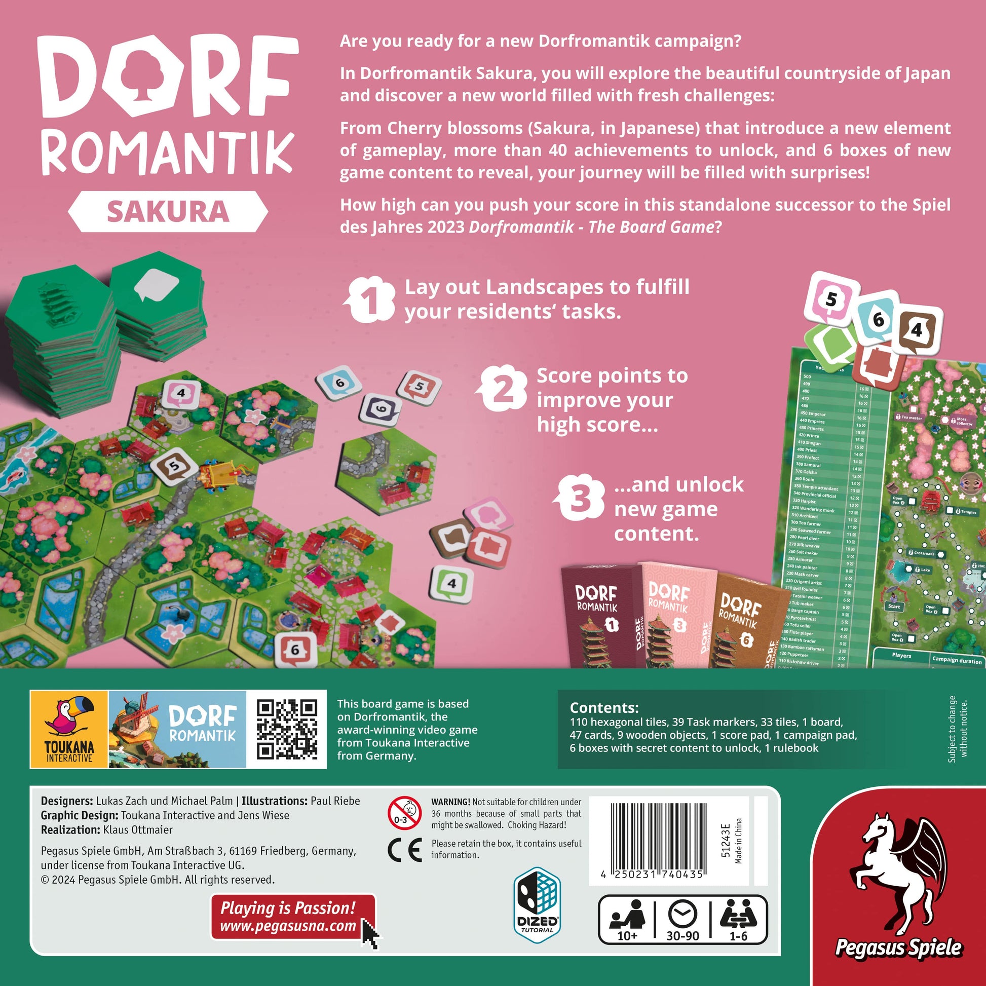 The back of Dorfromantik: Sakura's box by Pegasus Spiele displays vibrant illustrations of components, landscapes, and cherry blossoms, plus text outlining new content and gameplay. Game logos and publisher info are shown at the bottom.