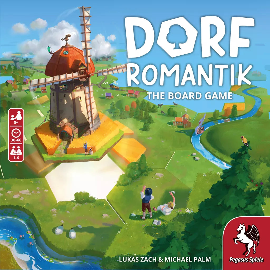 The cover of Dorfromantik: The Board Game Bundle by Pegasus Spiele features a lively countryside with a windmill, fields, rivers, and villagers. Game details and the Pegasus Spiele logo are displayed on the sides and bottom.