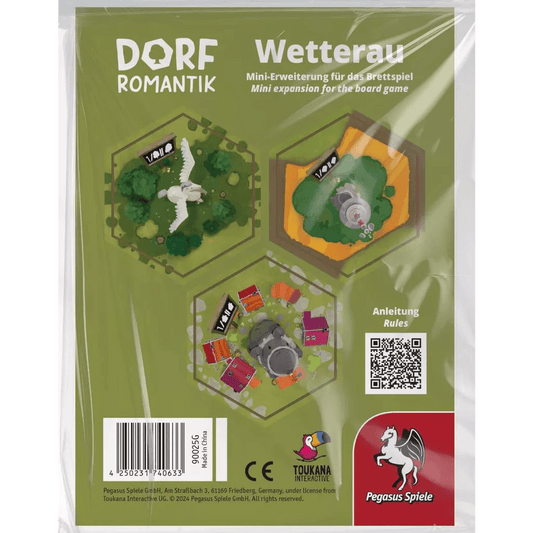 Dorfromantik: The Board Game – Die Wetterau Mini Expansion by Pegasus Spiele includes illustrated gameplay tiles, instructions inside, and features the Pegasus Spiele and Toukana Interactive logos on the packaging.