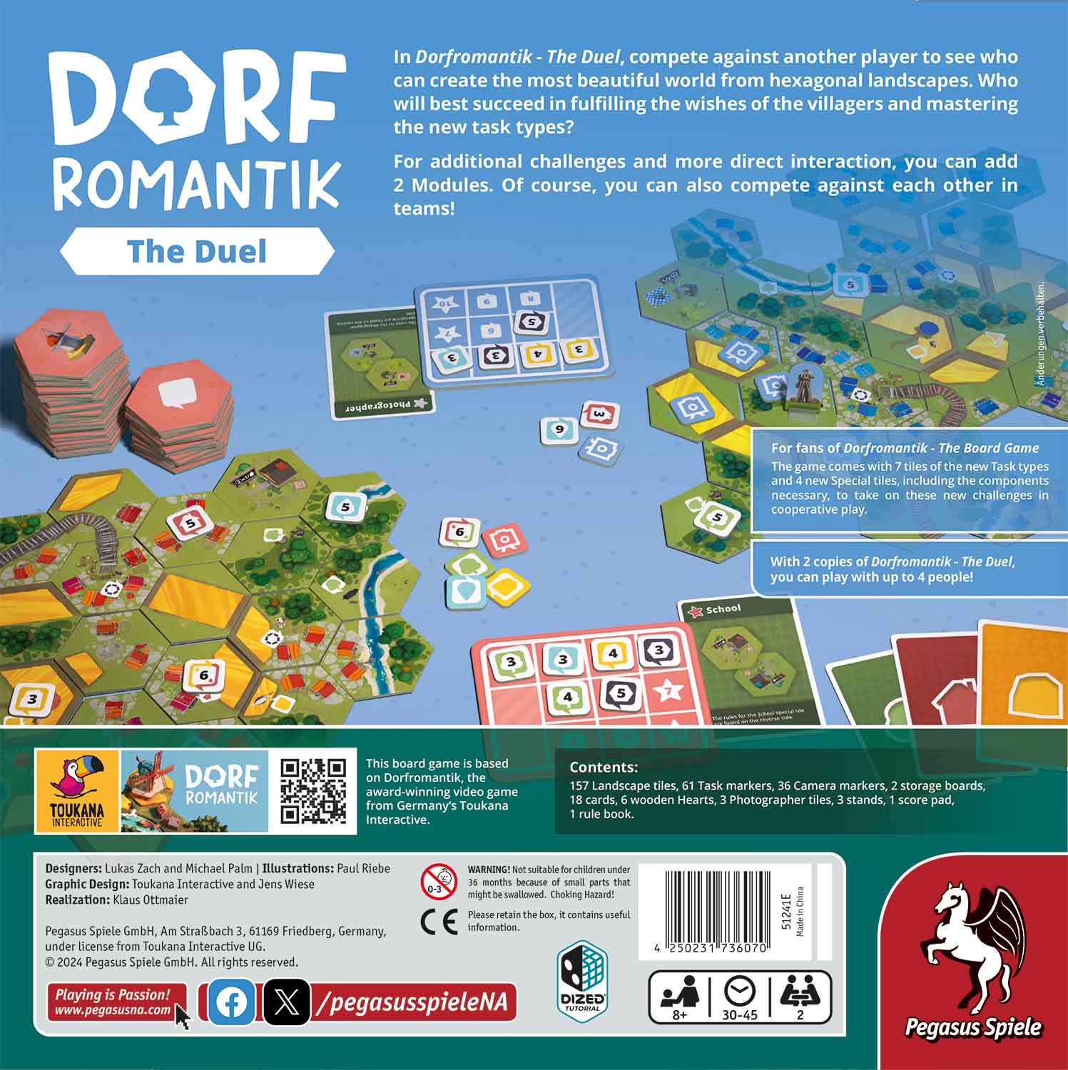 The back of the Dorfromantik: The Duel board game box showcases its components, setup, hexagonal tiles, a Spiel des Jahres 2023 nominee description, extra modules details, and features the Pegasus Spiele logo at the bottom.