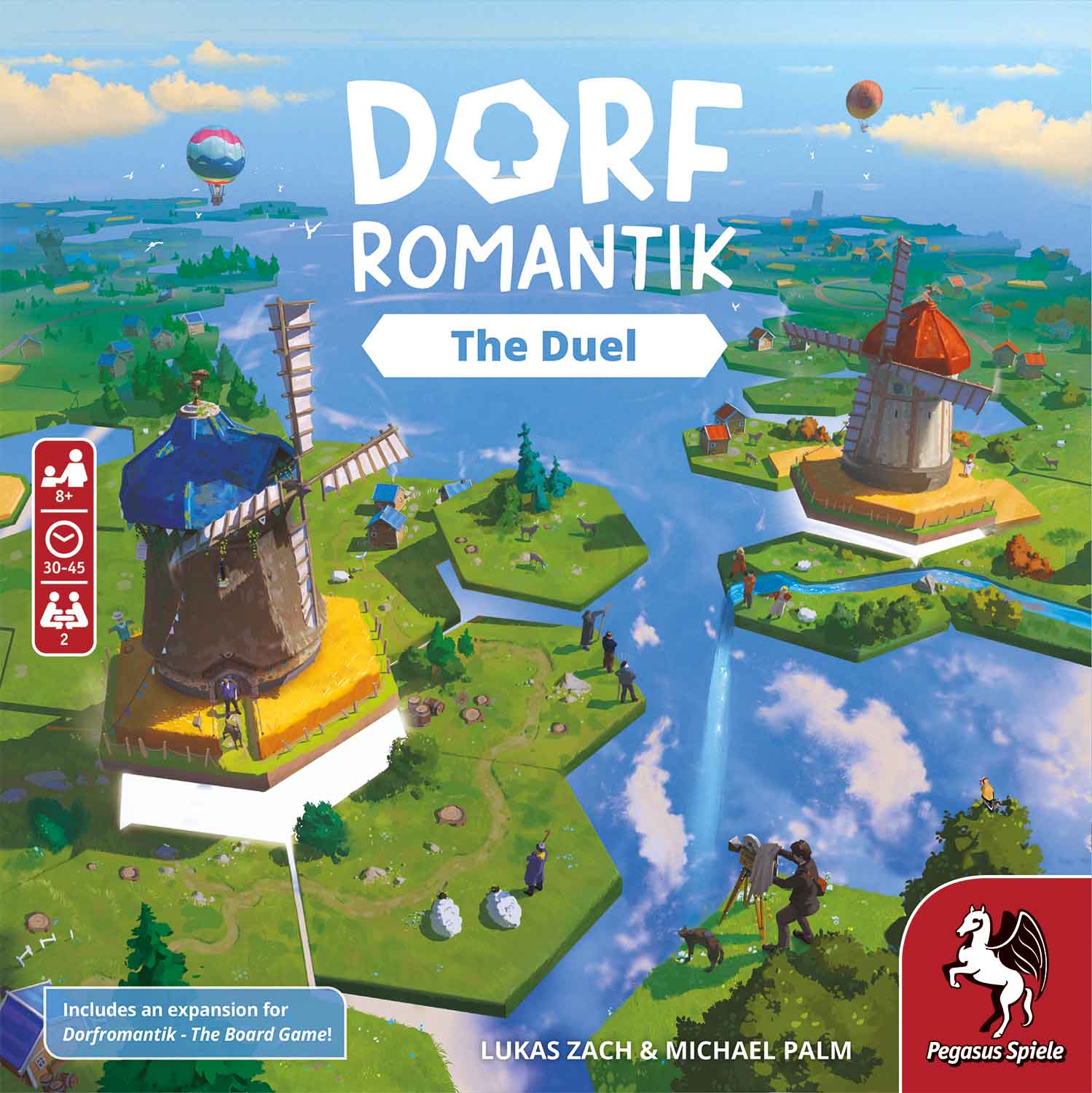 The illustrated cover of Dorfromantik: The Duel by Pegasus Spiele, a Spiel des Jahres 2023 nominee, features two windmills on floating grass islands under blue skies, game info icons, and the Pegasus Spiele logo in the bottom right.
