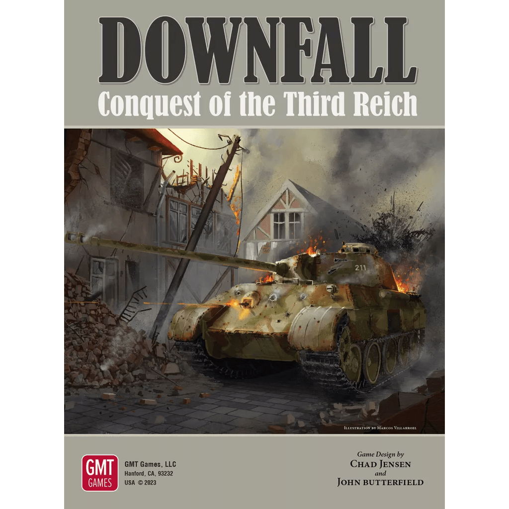 “Downfall: Conquest of the Third Reich, 1942-1945” is a WWII board game from GMT Games depicting a tank advancing through rubble in a war-torn city. Designed by Chad Jensen and John Butterfield.