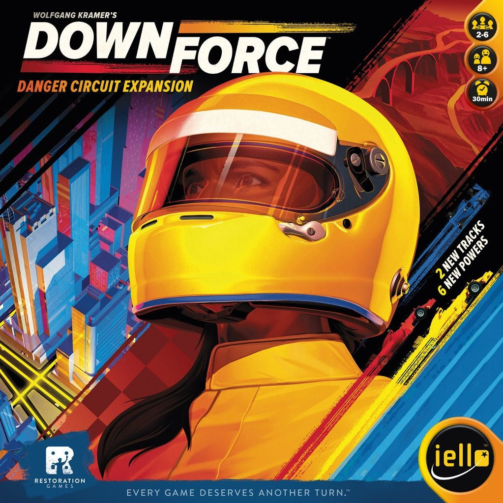 A vibrant box cover for Iello's Downforce: Danger Circuit Expansion showcases a racer in a yellow helmet and suit, cityscape art, and key details on players, age range, and playtime. This board game expansion adds new racer powers.