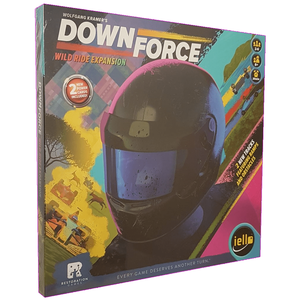 The image shows the Iello Downforce: Wild Ride Expansion board game box, featuring a black racing helmet with colorful cars and animals, and highlighting the 2 new tracks included.