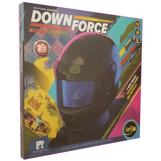 The image shows the Iello Downforce: Wild Ride Expansion board game box, featuring a black racing helmet with colorful cars and animals, and highlighting the 2 new tracks included.