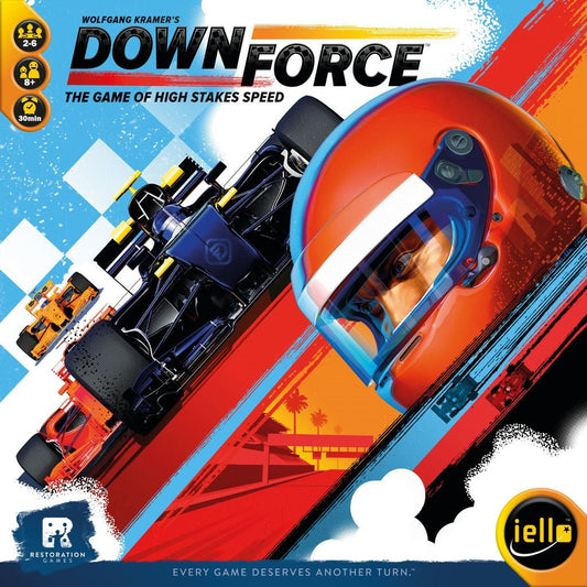 Board game cover features racing cars, a racer's helmet, palm trees, and checkered flags. Text reads: Downforce—the exciting motor racing board game—by Iello.