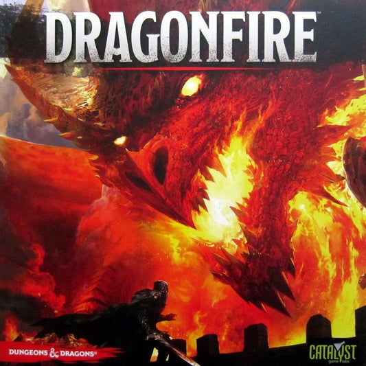 A massive, fiery red dragon breathes fire at a lone armored warrior below. The title Dragonfire appears above, showcasing this cooperative deck-building game by Catalyst Game Labs set in Dungeons & Dragons’ Forgotten Realms. Logos are at the bottom.