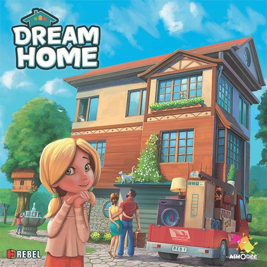 Cheerful family moves into a modern house with big windows as a smiling girl stands up front; others carry furniture and a treehouse is in the back. Text: Dream Home by Rebel—a perfect family board game adventure!.