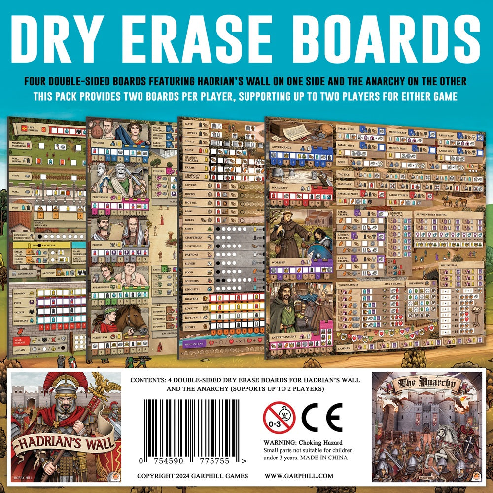 The box back of Garphill Games' Dry Erase Boards For The Anarchy & Hadrian's Wall displays four double-sided boards with vibrant cover art and lists product contents for both games.